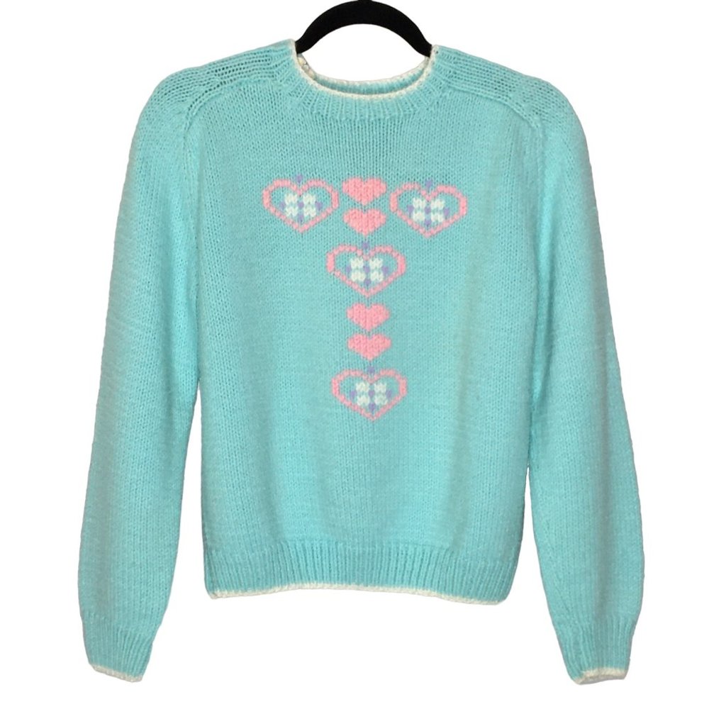 Vintage 60s Blue Sweater, 1960s Pastel Embroidered Heart Sweater, Twee Kawaii